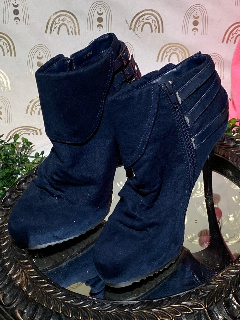 Charlotte Russe Navy Suede High Heel Ankle Boots with Side Zip